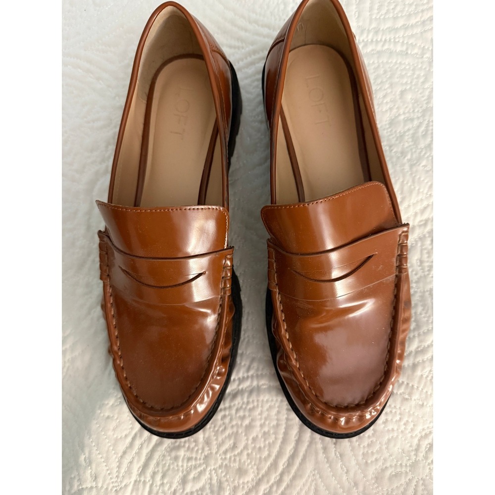 Loft Penny Loafers Womens 9.5‎ Cognac Brown Faux Leather Chunky Lug Sole Slip On
